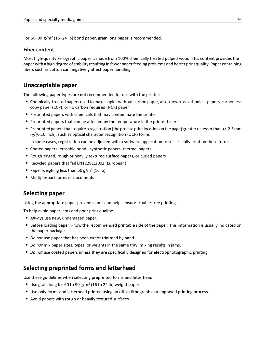 Lexmark 35S3332, 35S6701 Unacceptable paper, Selecting paper, Selecting preprinted forms and letterhead, Fiber content 