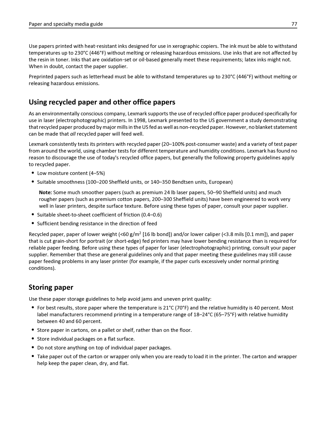 Lexmark 34TT016, 35S6701, 35S3332, MX611DHE, MX611DE manual Using recycled paper and other office papers, Storing paper 