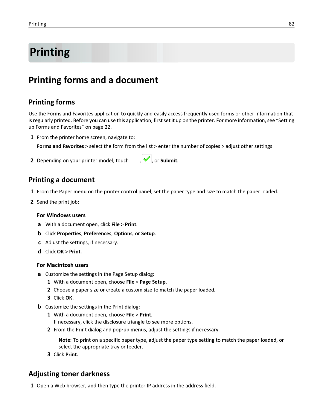 Lexmark 34TT016, 35S6701, 35S3332, MX611DHE Printing forms and a document, Printing a document, Adjusting toner darkness 