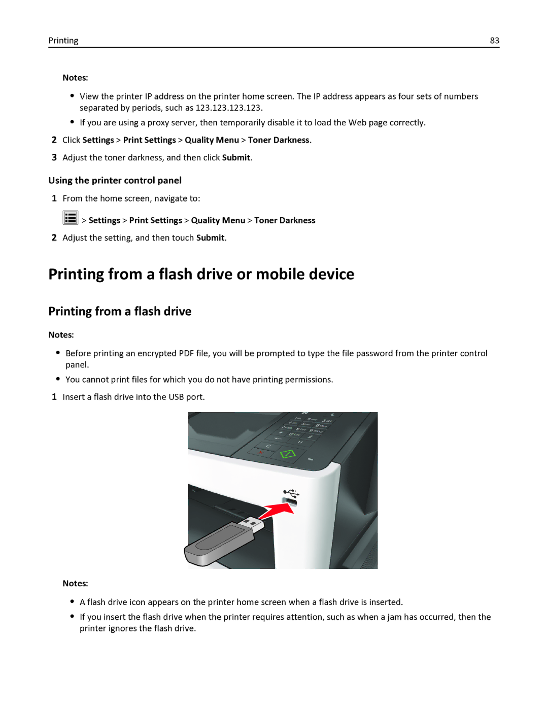 Lexmark MX611DHE Printing from a flash drive or mobile device, Click Settings Print Settings Quality Menu Toner Darkness 