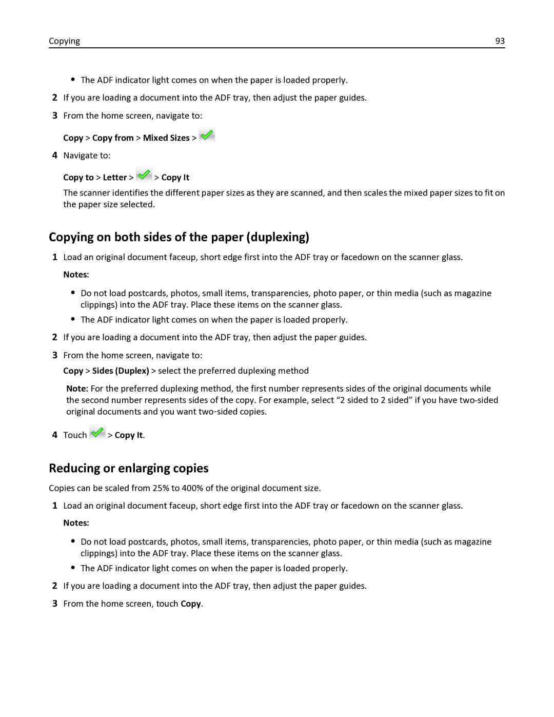 Lexmark MX611DHE manual Copying on both sides of the paper duplexing, Reducing or enlarging copies, Copy to Letter Copy It 