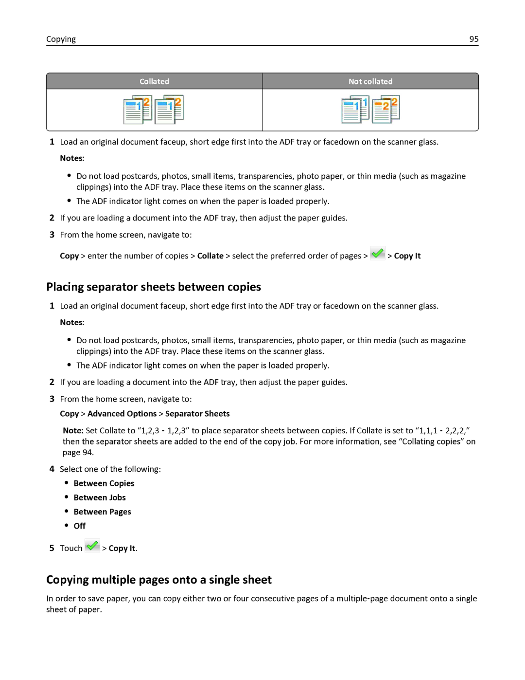 Lexmark 35S6701, 35S3332, 34TT016 manual Placing separator sheets between copies, Copying multiple pages onto a single sheet 