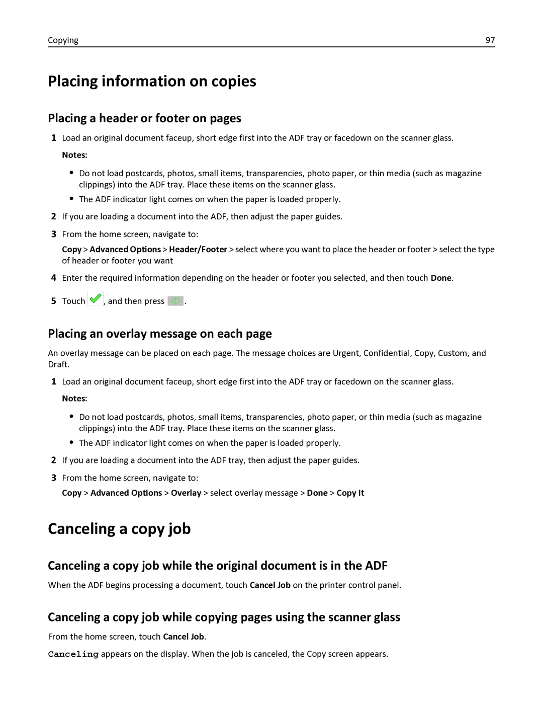 Lexmark 34TT016, 35S6701, 35S3332 Placing information on copies, Canceling a copy job, Placing a header or footer on pages 