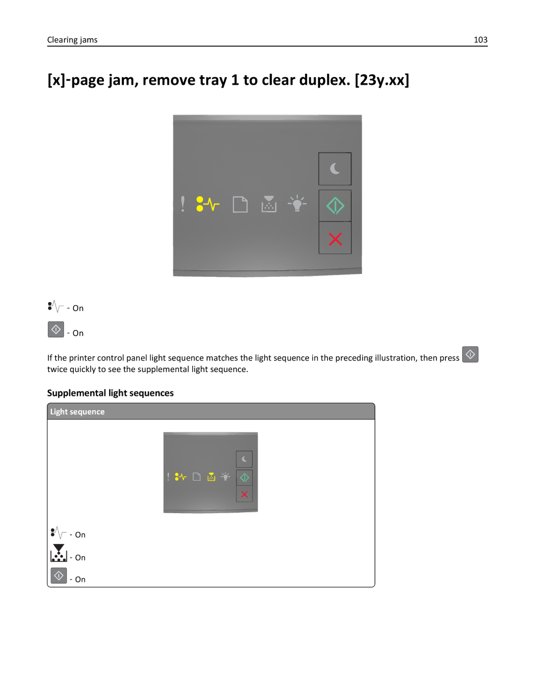 Lexmark 220 ‑page jam, remove tray 1 to clear duplex y.xx, Supplemental light sequences, Clearing jams 103, Light sequence 