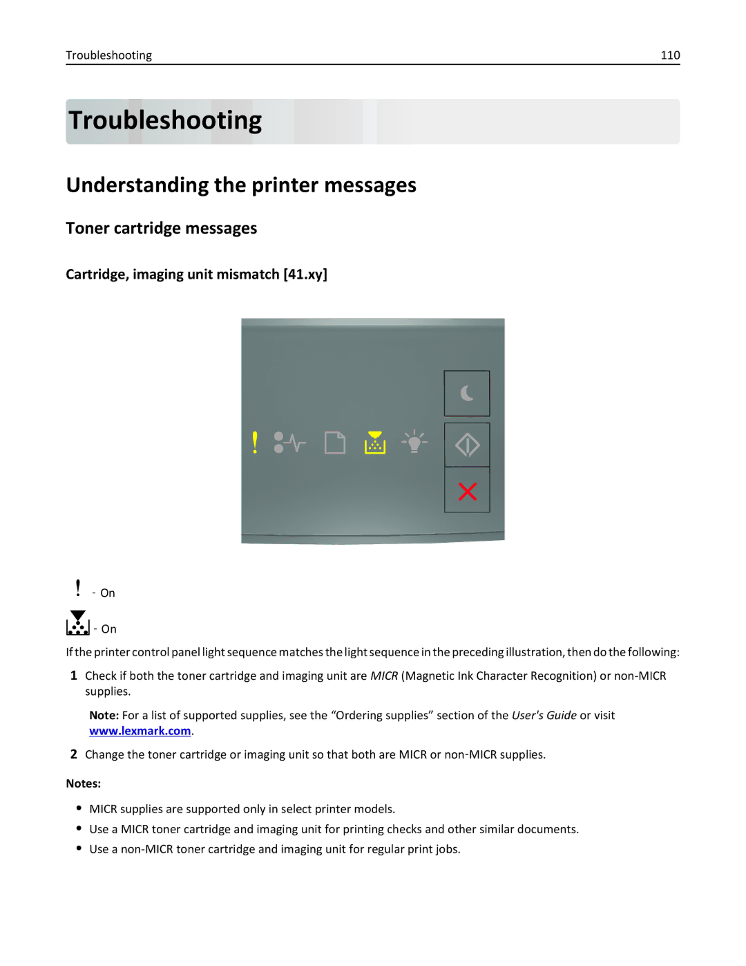 Lexmark 35ST101, MS310DN, 220 manual Understanding the printer messages, Toner cartridge messages, Troubleshooting 110 