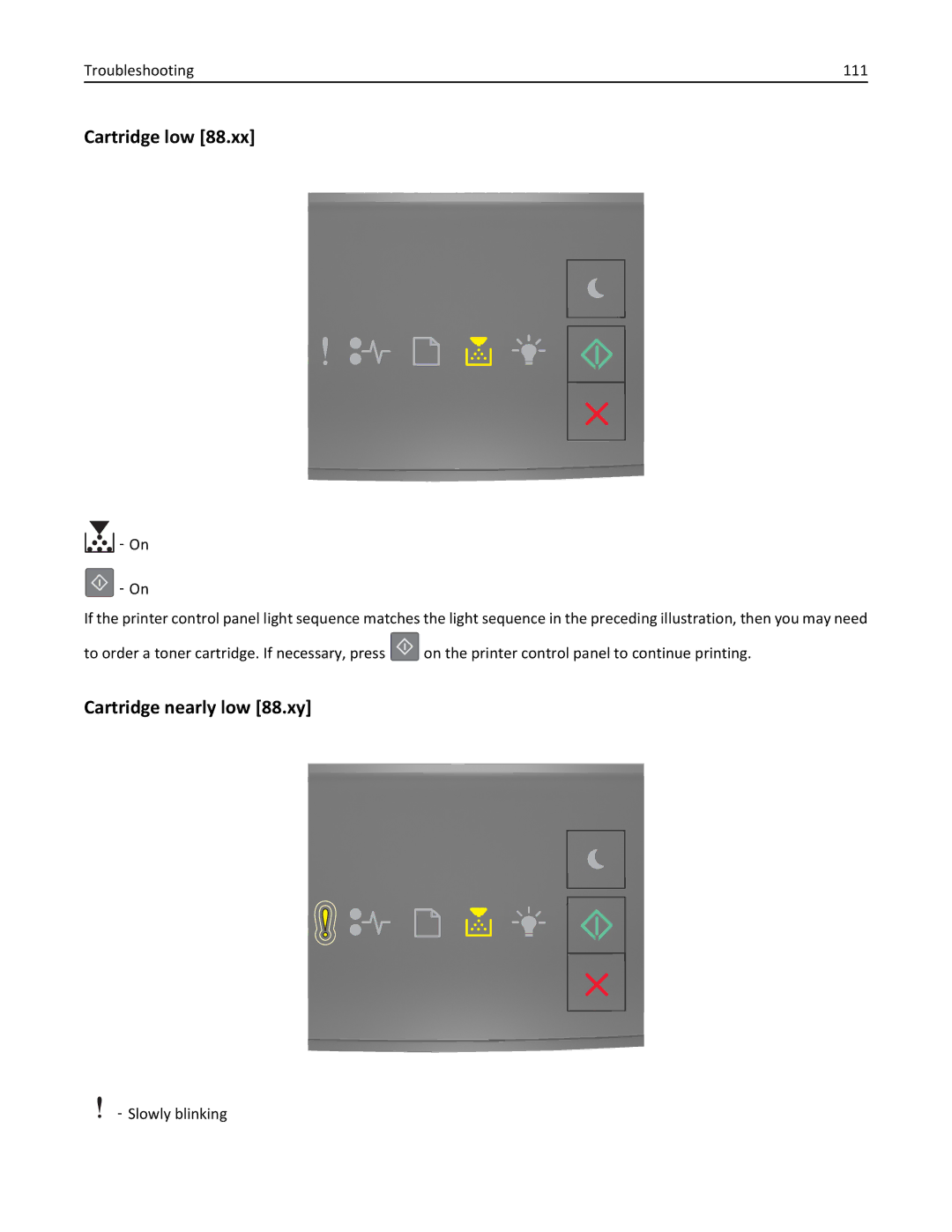 Lexmark 220, 35ST101, MS310DN manual Cartridge low, Cartridge nearly low 88.xy, Troubleshooting 111, ‑ Slowly blinking 