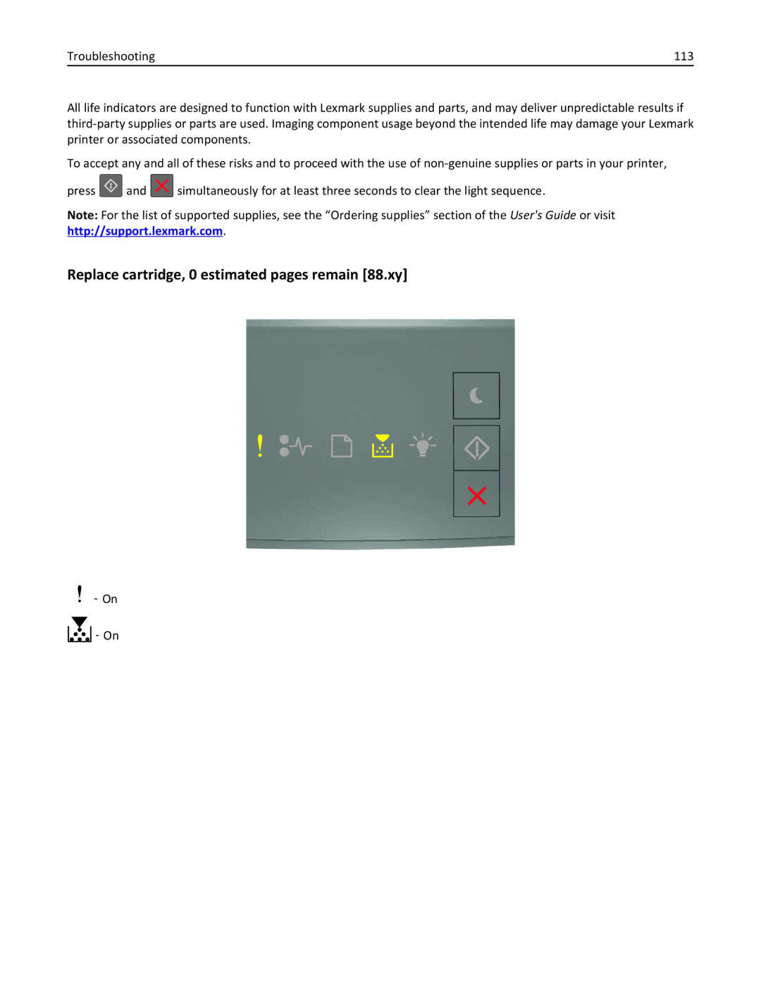 Lexmark MS310DN, 35ST101, 220 manual Replace cartridge, 0 estimated pages remain 88.xy 