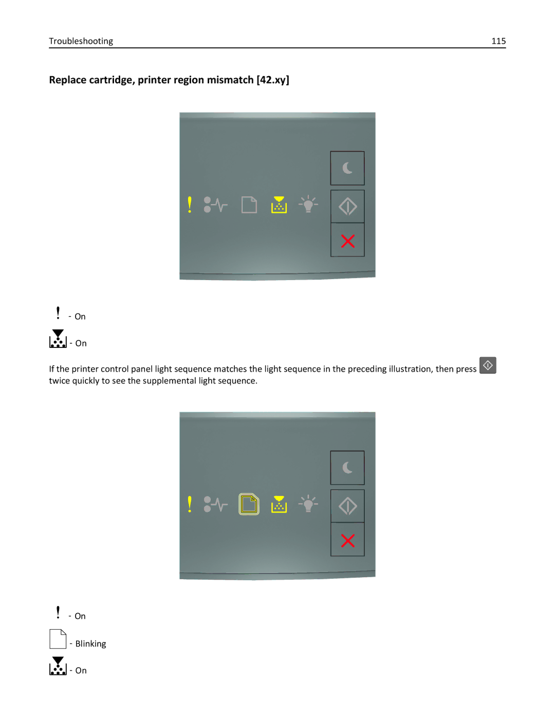 Lexmark 220, 35ST101, MS310DN manual Replace cartridge, printer region mismatch 42.xy, Troubleshooting 115 