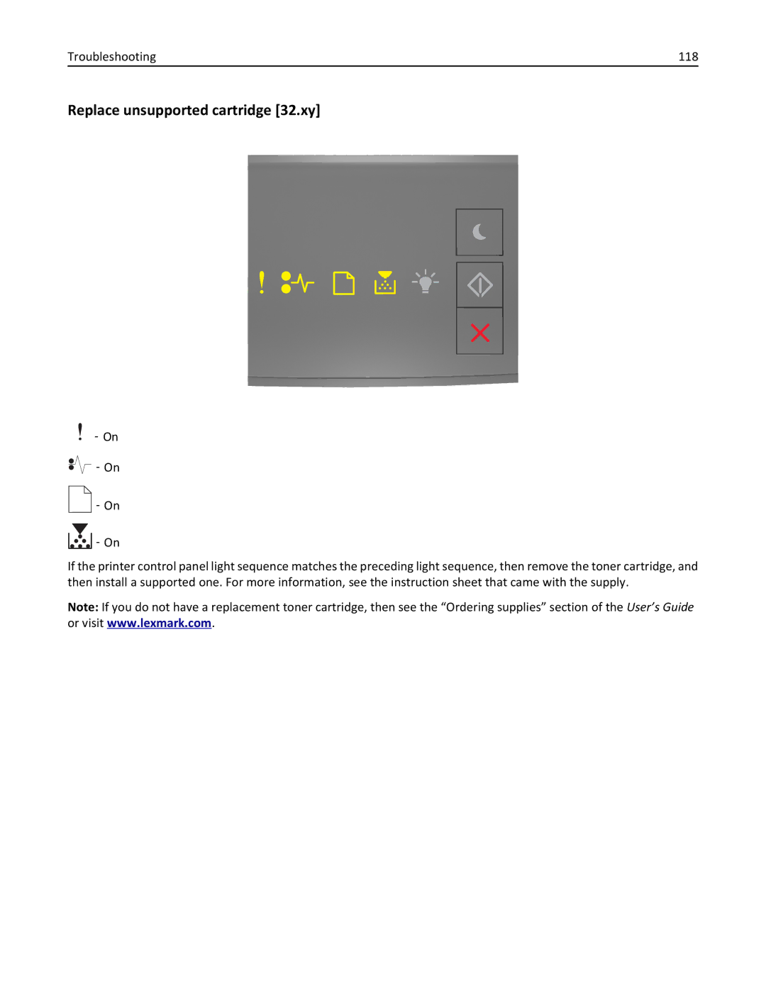 Lexmark 35ST101, MS310DN, 220 manual Replace unsupported cartridge 32.xy, Troubleshooting 118 