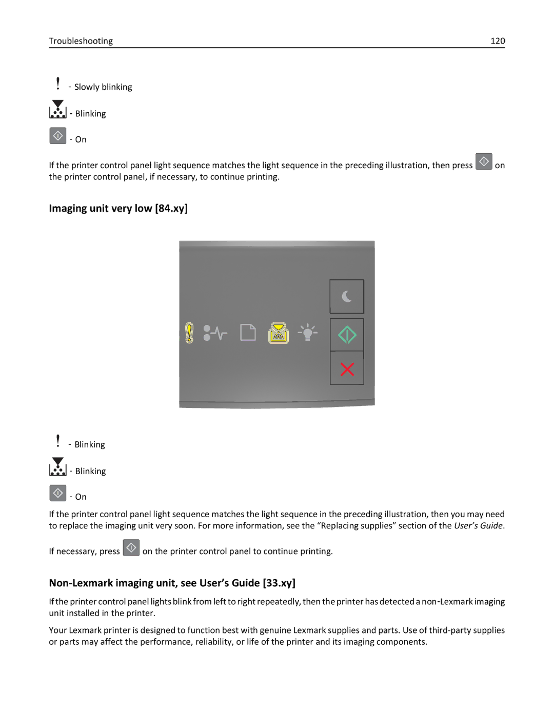 Lexmark 35ST101, MS310DN, 220 manual Imaging unit very low 84.xy, Non-Lexmark imaging unit, see User’s Guide 33.xy 