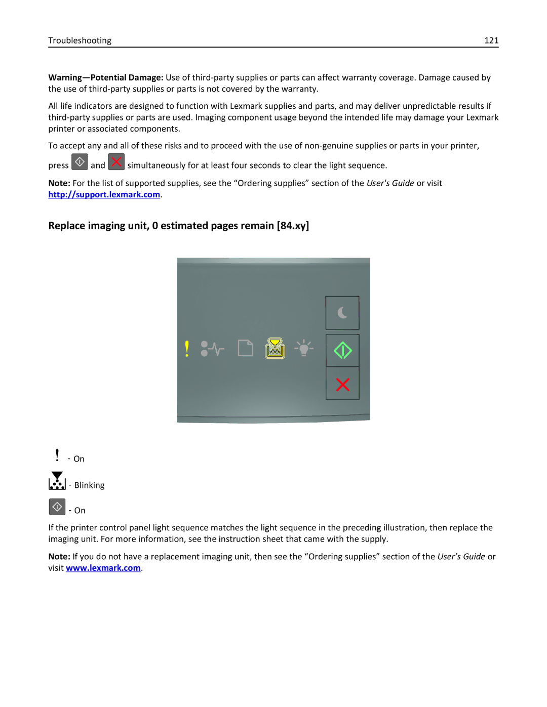 Lexmark MS310DN, 35ST101, 220 manual Replace imaging unit, 0 estimated pages remain 84.xy 