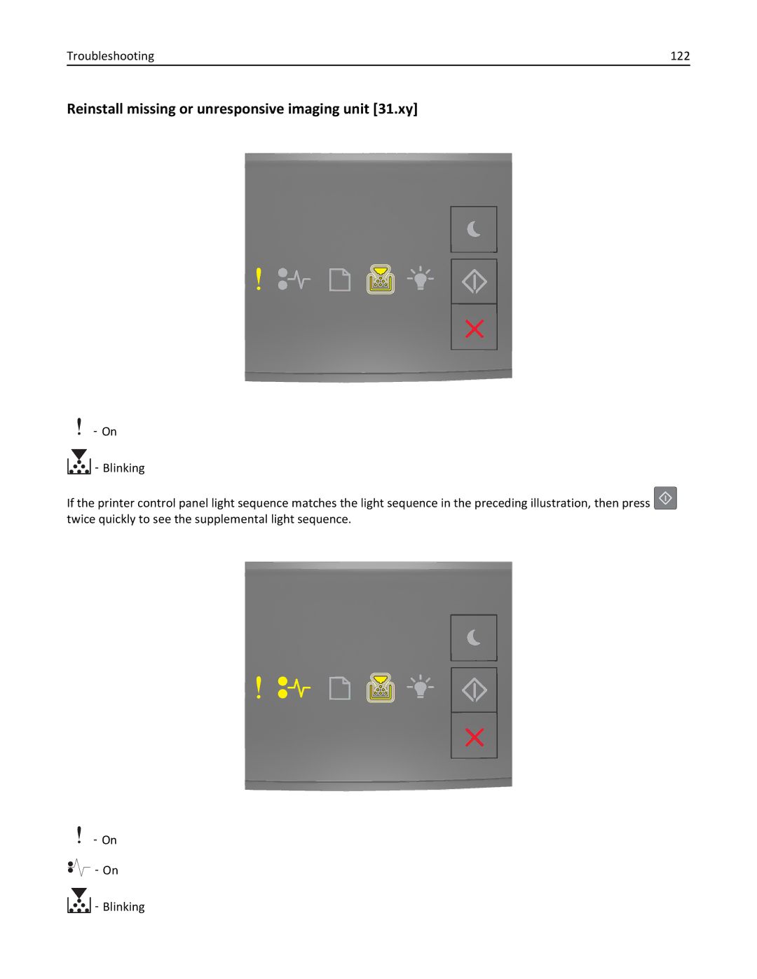 Lexmark 35ST101, MS310DN, 220 manual Reinstall missing or unresponsive imaging unit 31.xy, Troubleshooting 122 