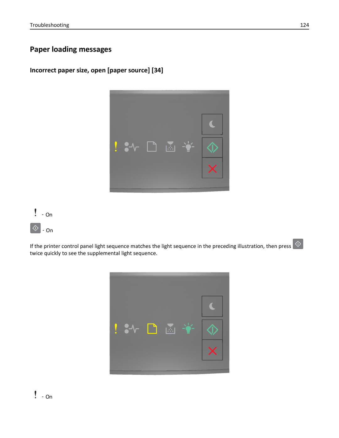 Lexmark 35ST101, MS310DN, 220 manual Paper loading messages, Incorrect paper size, open paper source, Troubleshooting 124 