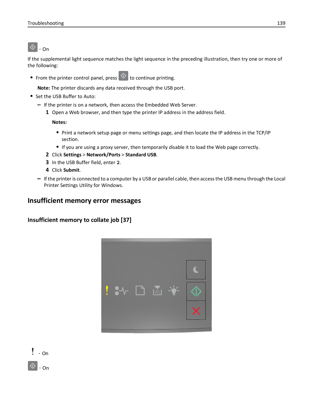 Lexmark 220, 35ST101, MS310DN Insufficient memory error messages, Insufficient memory to collate job, Troubleshooting 139 