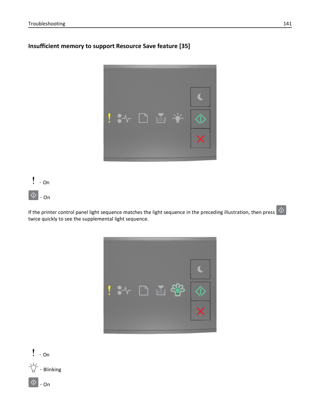 Lexmark MS310DN, 35ST101, 220 manual Insufficient memory to support Resource Save feature, Troubleshooting 141 