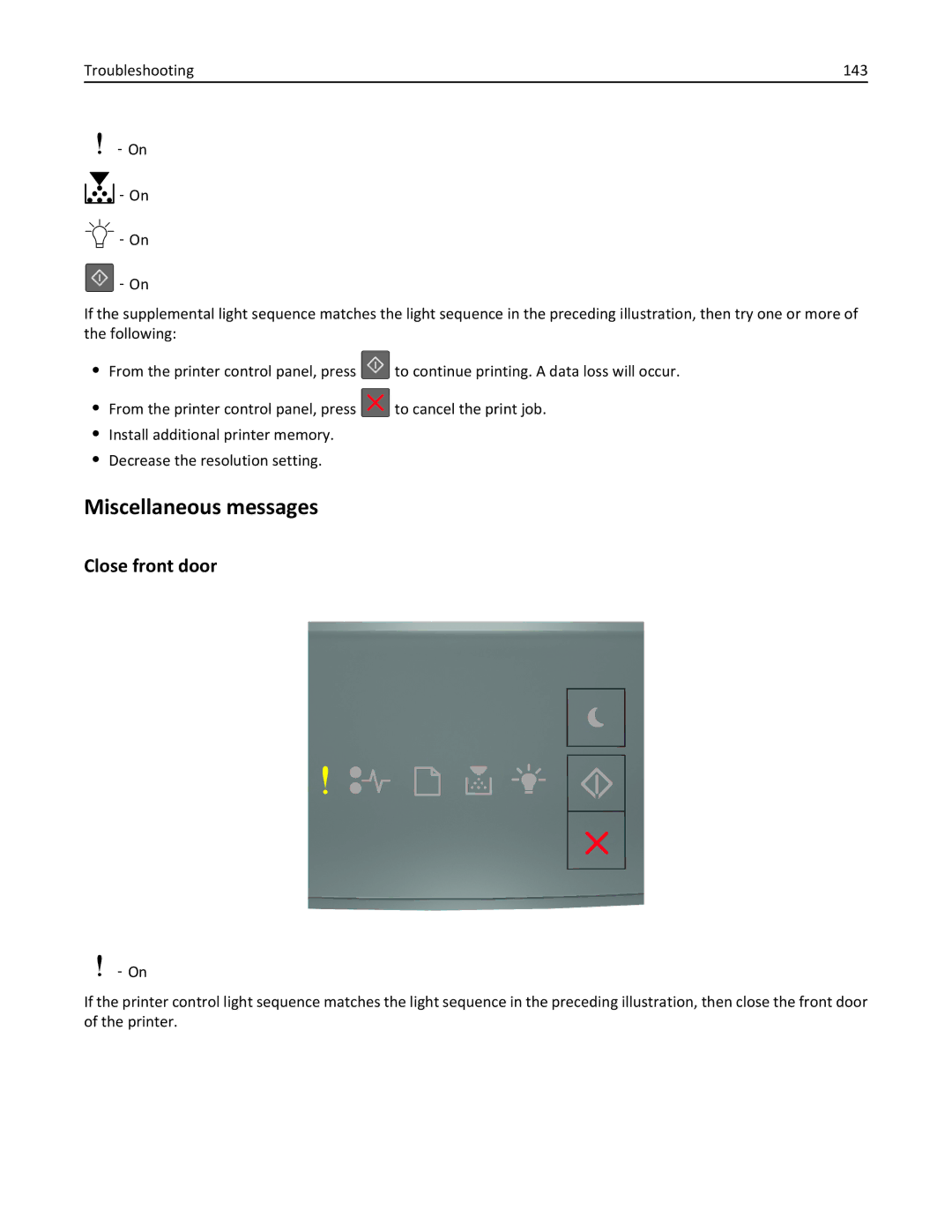 Lexmark 220, 35ST101, MS310DN manual Miscellaneous messages, Close front door, Troubleshooting 143 