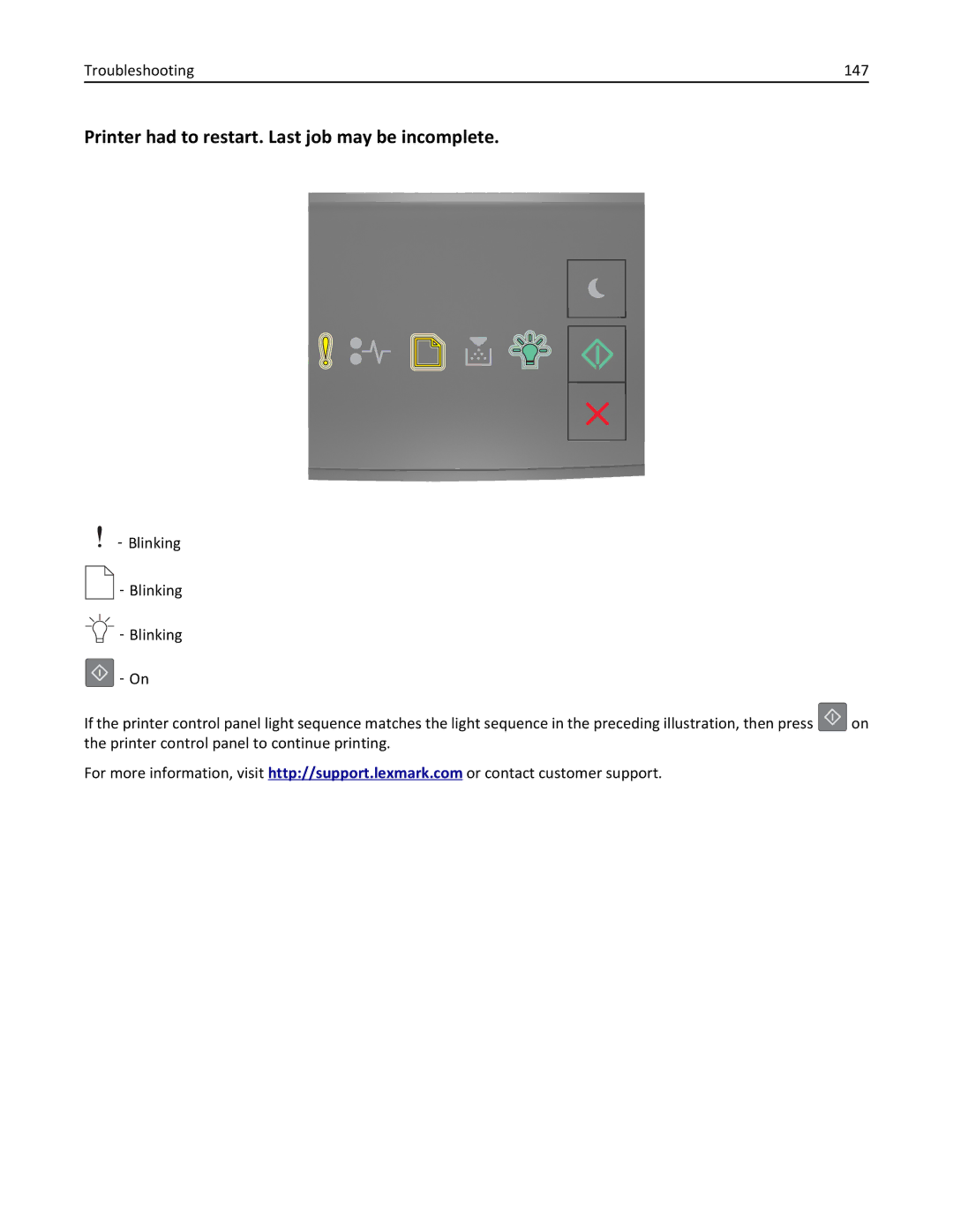 Lexmark 220, 35ST101, MS310DN manual Printer had to restart. Last job may be incomplete, Troubleshooting 147 