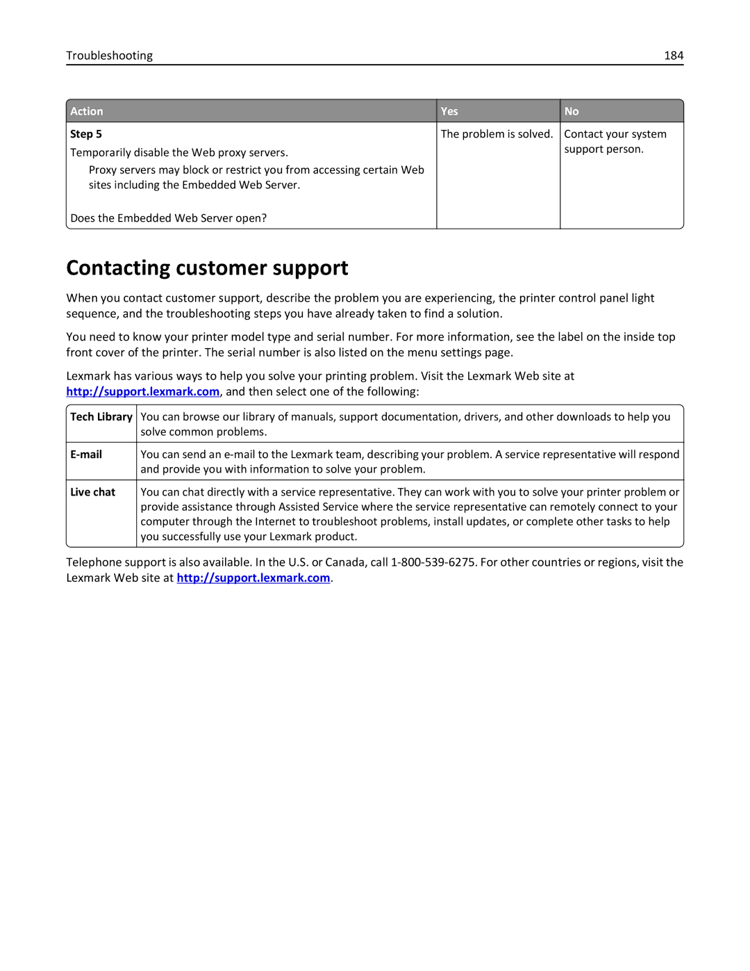 Lexmark 35ST101, MS310DN, 220 manual Contacting customer support, Troubleshooting 184, Tech Library, Mail, Live chat 