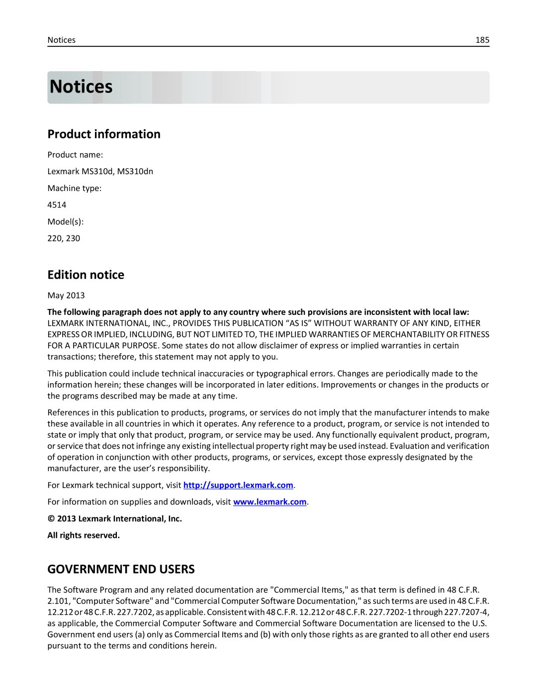 Lexmark MS310DN, 35ST101, 220 manual Product information, Edition notice, 185, May 