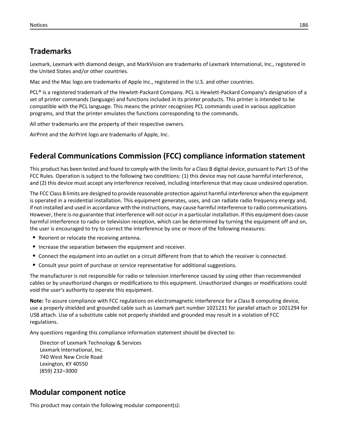 Lexmark MS310, 220 Trademarks, Modular component notice, 186, This product may contain the following modular components 