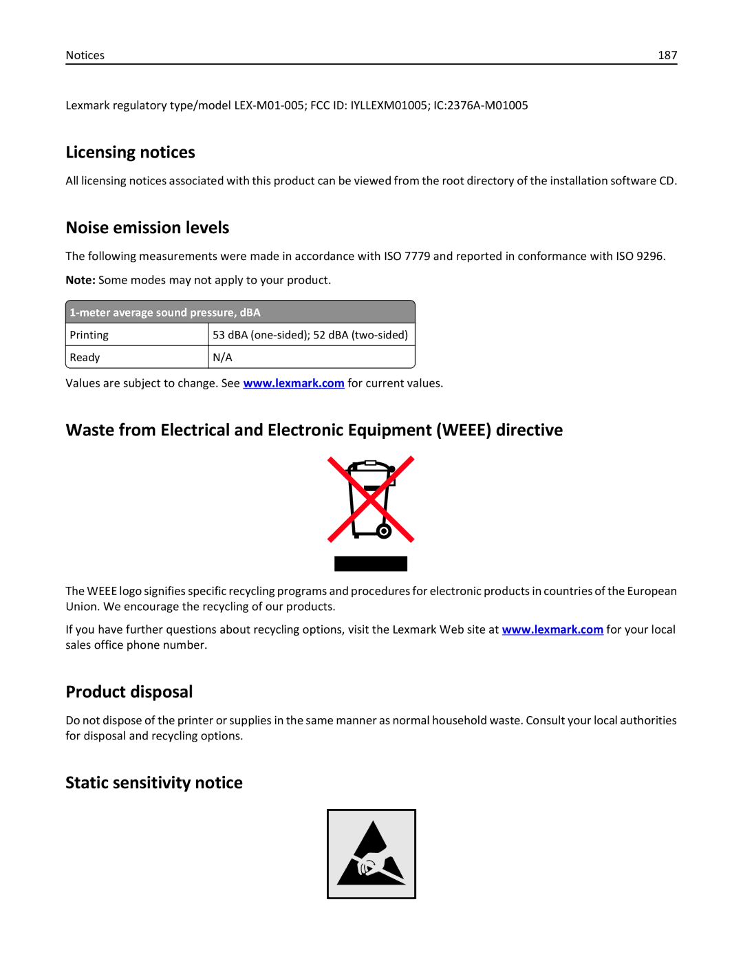 Lexmark 220, 35ST101, MS310DN Licensing notices, Noise emission levels, Product disposal, Static sensitivity notice, 187 