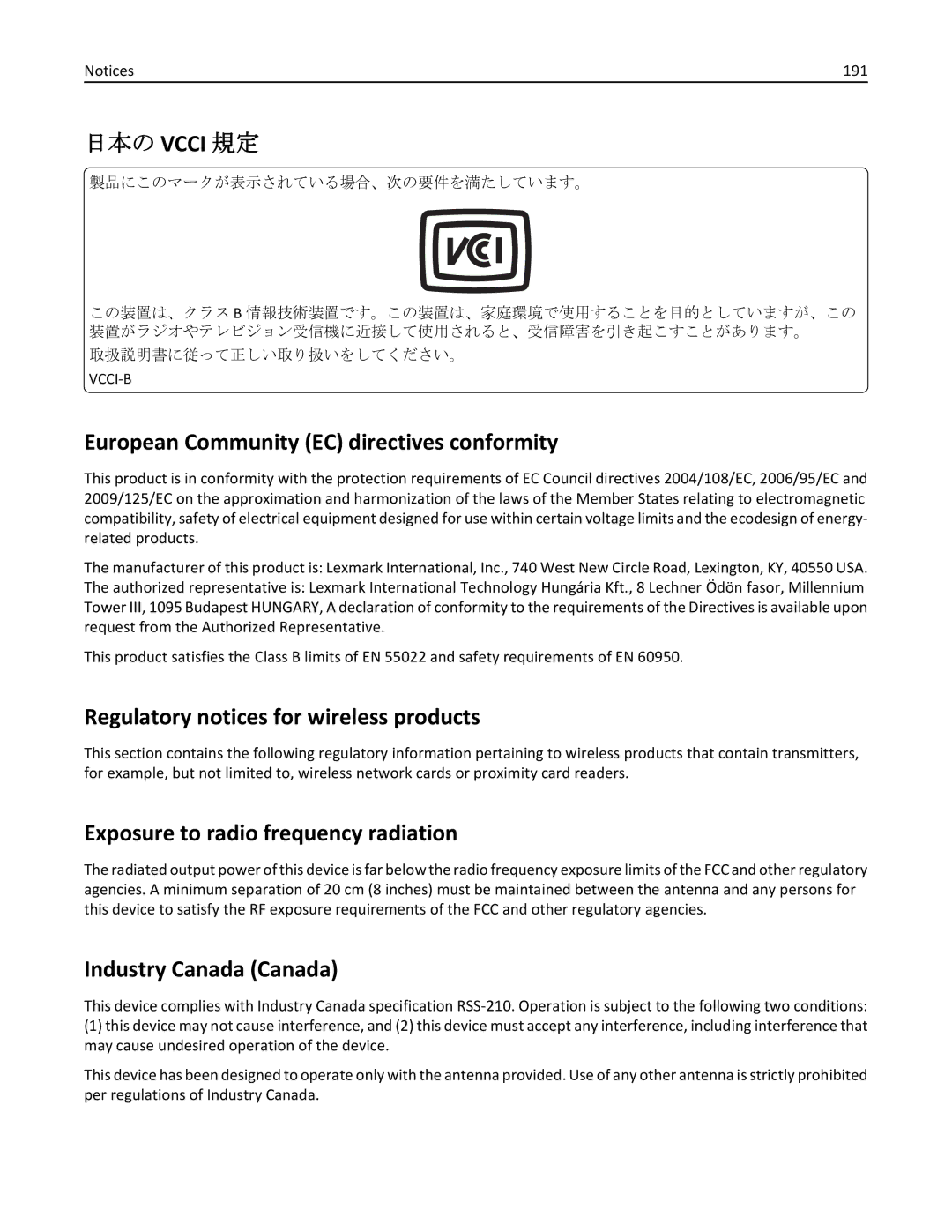 Lexmark 220 European Community EC directives conformity, Regulatory notices for wireless products, Industry Canada Canada 