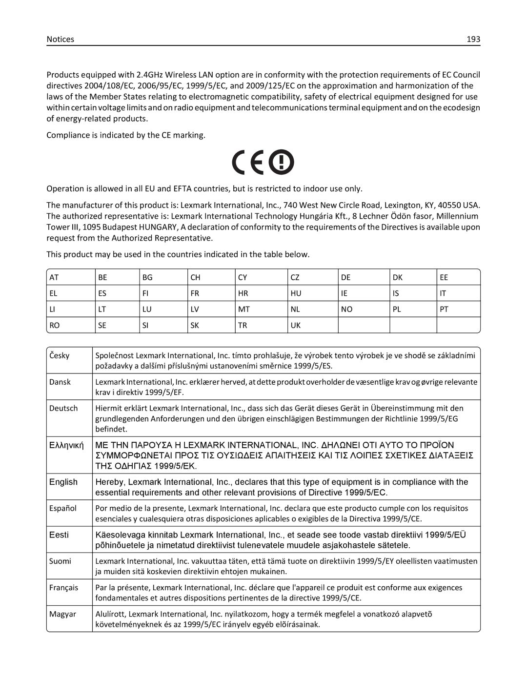 Lexmark MS310DN, 35ST101, 220 manual 193, ΤΗΣ Οδηγιασ 1999/5/ΕΚ 