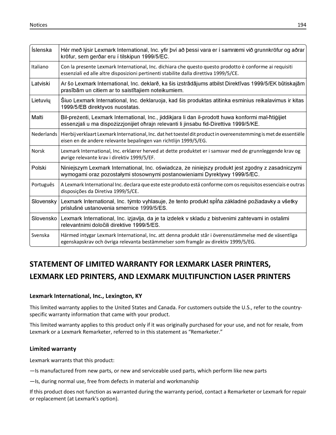 Lexmark 35ST101, MS310DN, 220 manual Lexmark International, Inc., Lexington, KY, Limited warranty, 194 