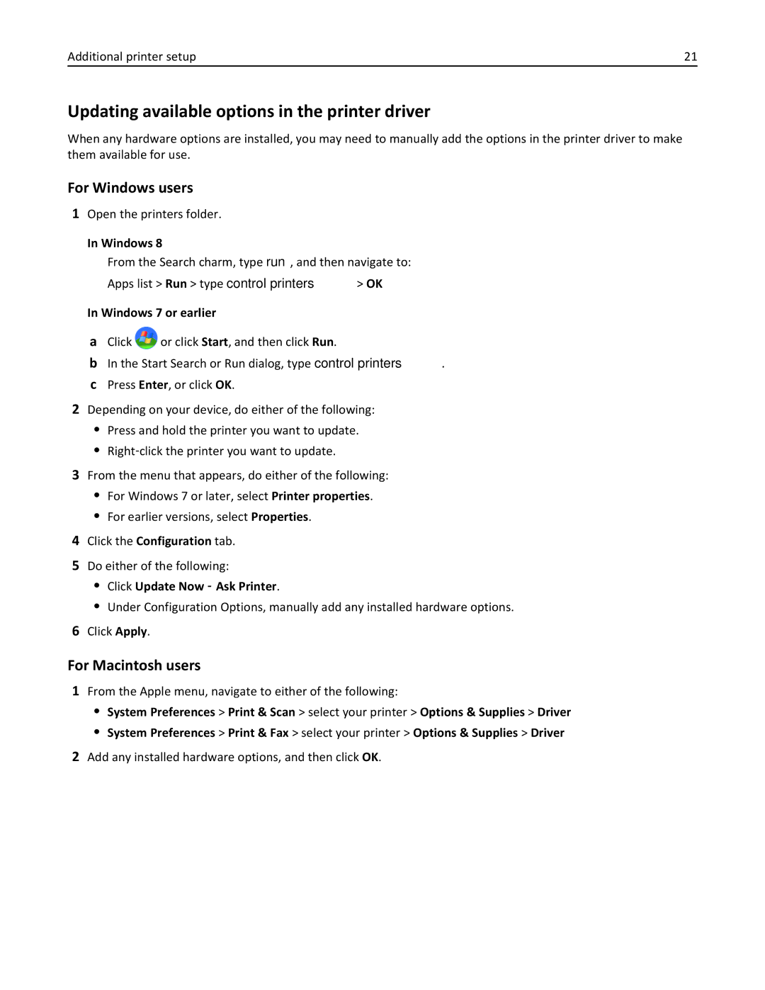 Lexmark MS310DN, 35ST101, 220 manual Updating available options in the printer driver, For Windows users, For Macintosh users 