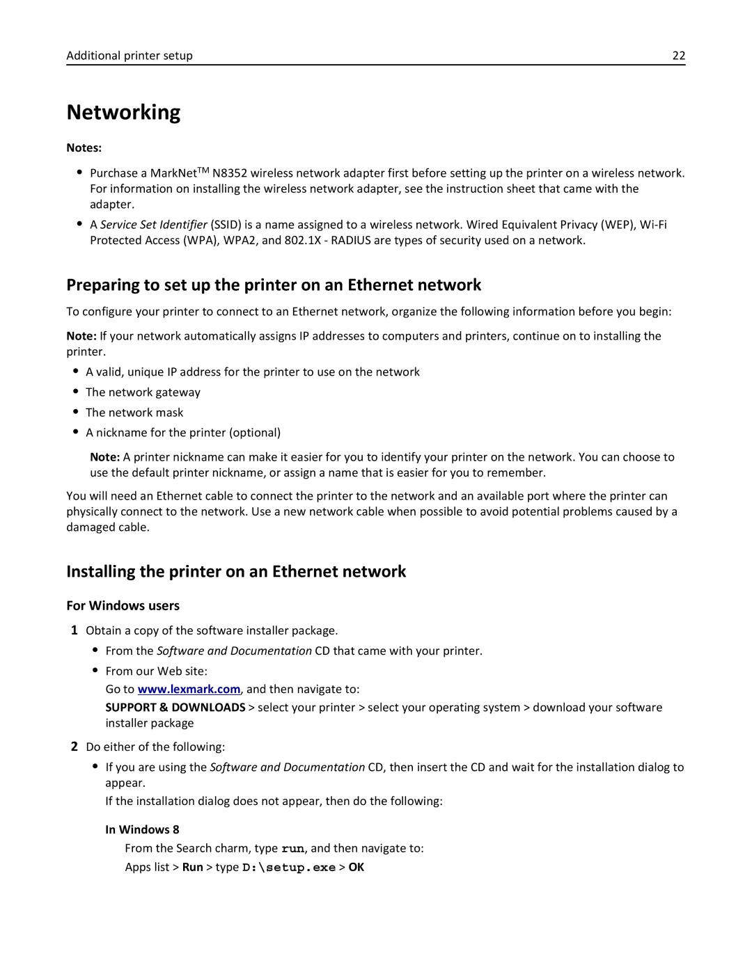 Lexmark 35ST101, MS310DN, 220 manual Networking, Preparing to set up the printer on an Ethernet network, For Windows users 