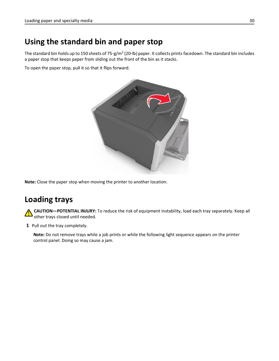 Lexmark 35ST101, MS310DN, 220 manual Using the standard bin and paper stop, Loading trays, Pull out the tray completely 