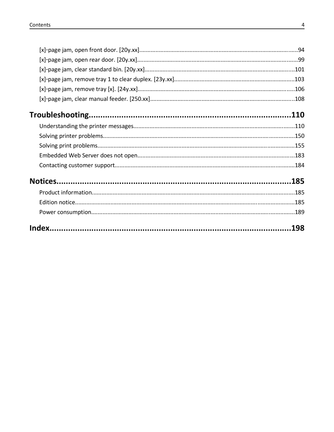 Lexmark 35ST101, MS310DN, 220 manual Troubleshooting 110, 185, Index 198 