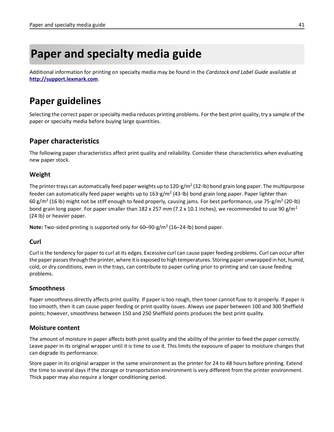 Lexmark MS310DN, 35ST101, 220 manual Paper and specialty media guide, Paper guidelines, Paper characteristics 