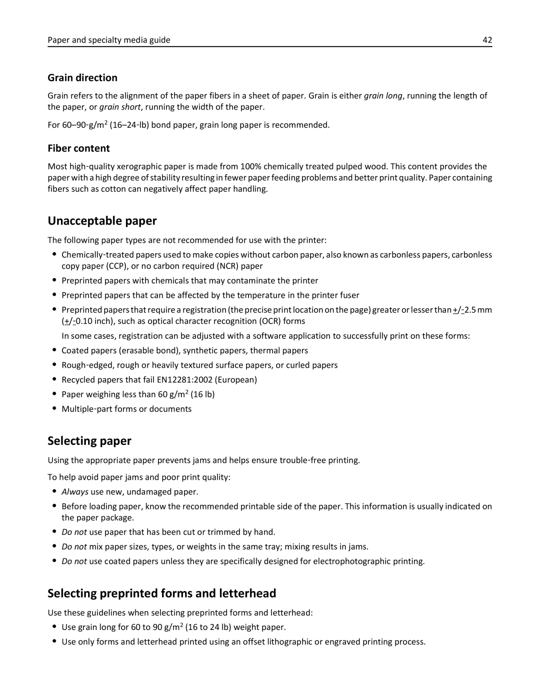 Lexmark MS310, 35ST101, 220 Unacceptable paper, Selecting paper, Selecting preprinted forms and letterhead, Grain direction 