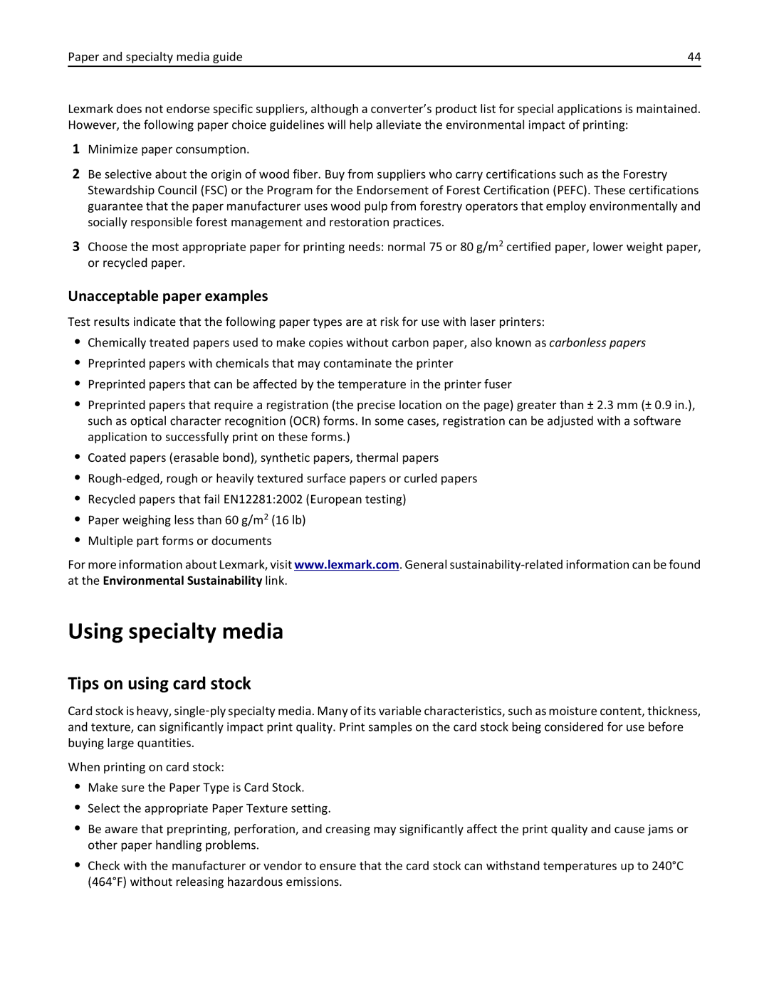 Lexmark 35ST101, MS310DN, 220 manual Using specialty media, Tips on using card stock, Unacceptable paper examples 