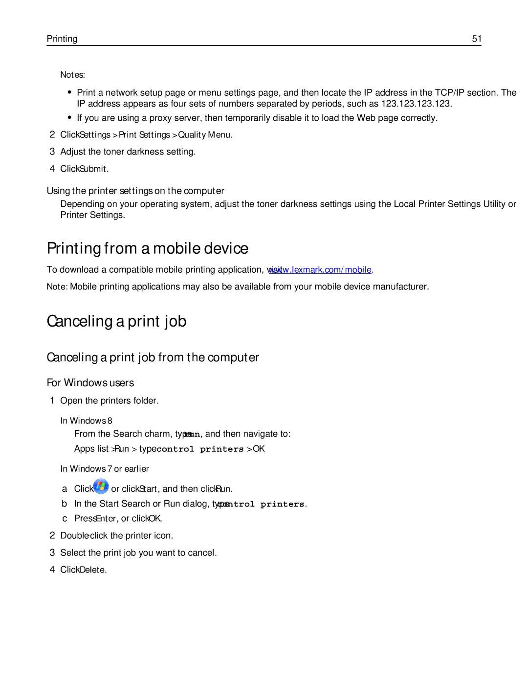 Lexmark 220, 35ST101, MS310DN Printing from a mobile device Canceling a print job, Canceling a print job from the computer 