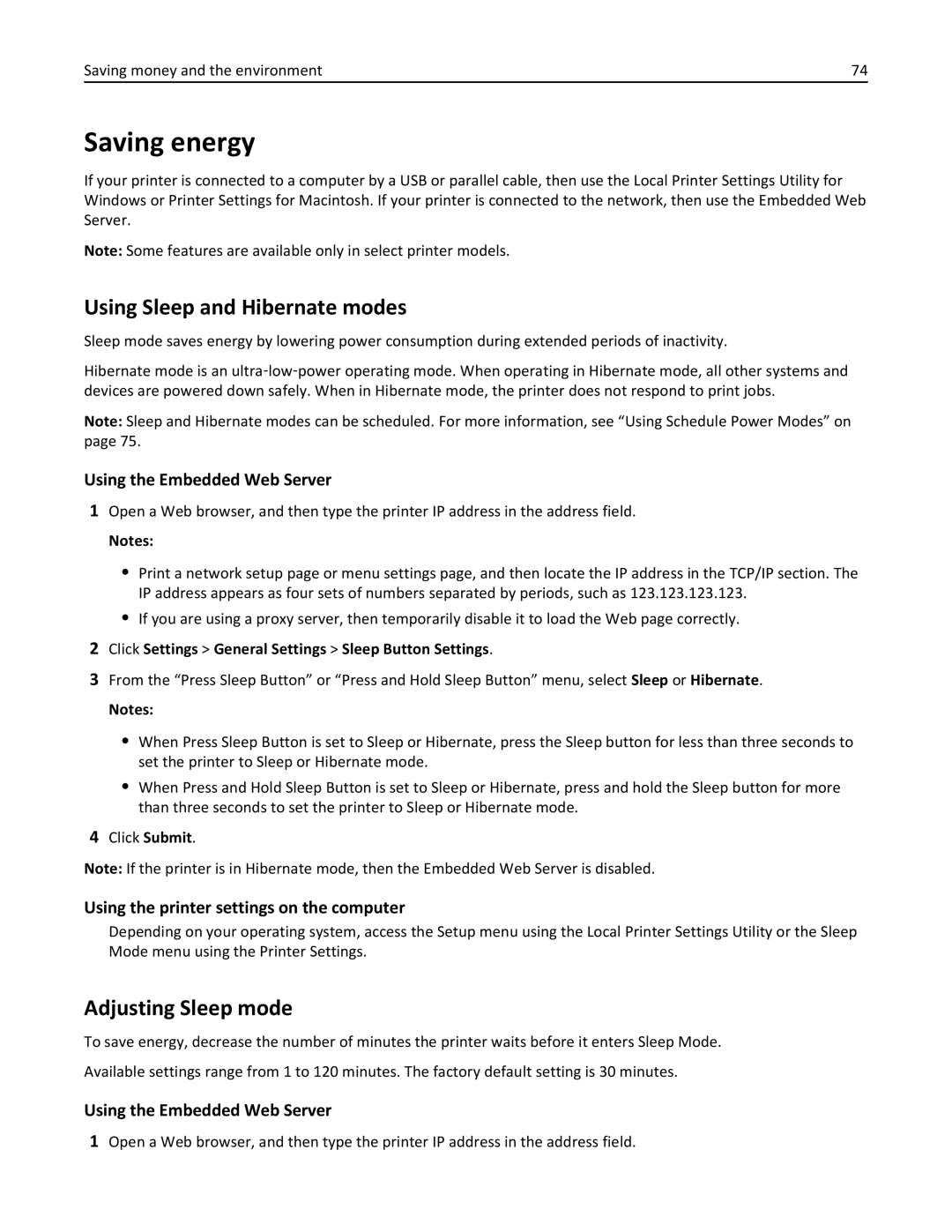 Lexmark 35ST101, MS310DN, 220 manual Saving energy, Using Sleep and Hibernate modes, Adjusting Sleep mode 