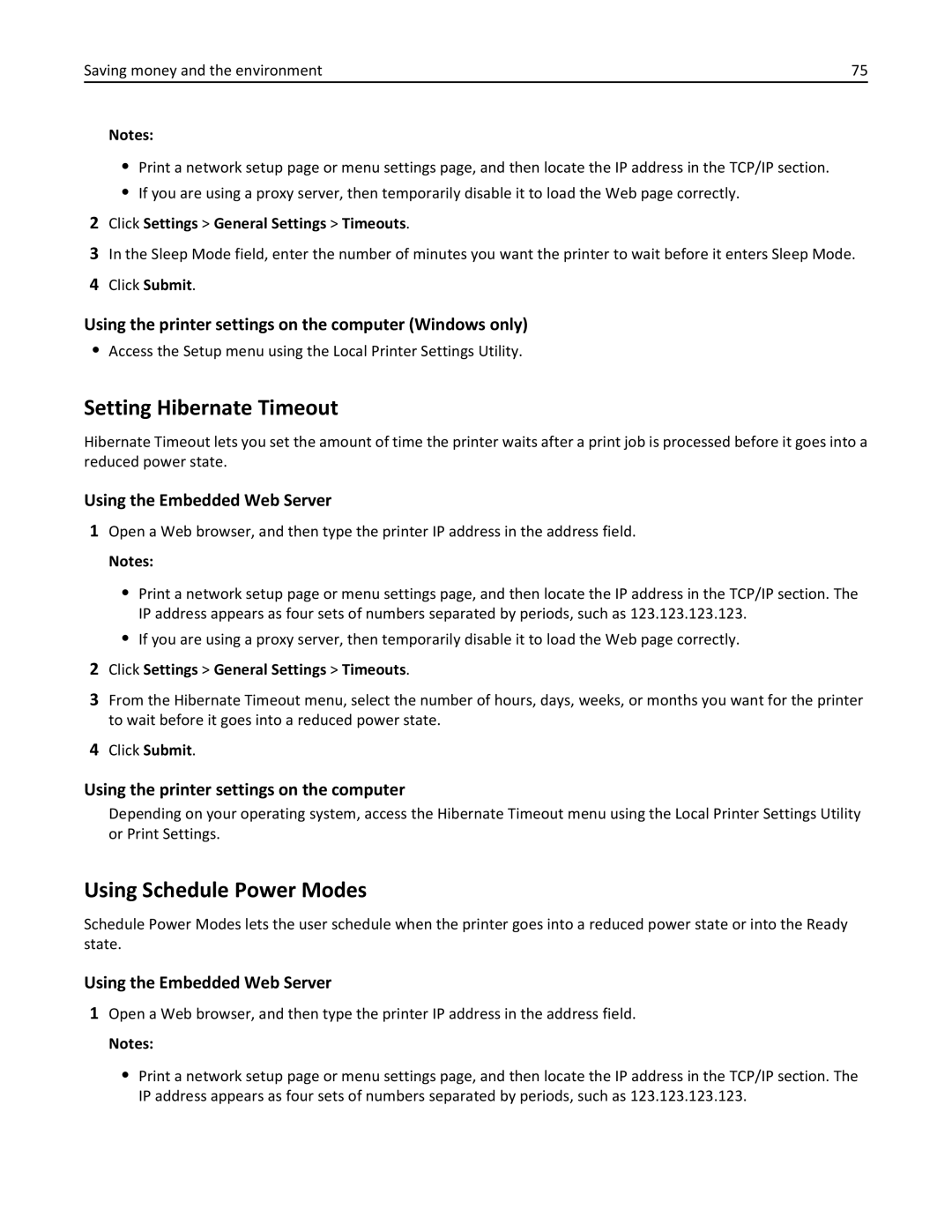 Lexmark 220 Setting Hibernate Timeout, Using Schedule Power Modes, Using the printer settings on the computer Windows only 