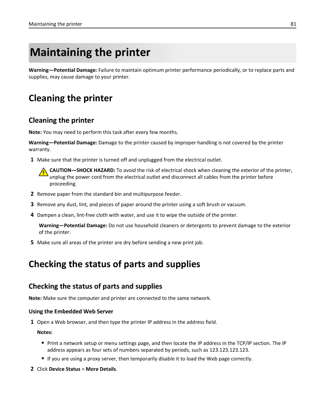 Lexmark MS310DN, 35ST101, 220 manual Maintaining the printer, Cleaning the printer, Checking the status of parts and supplies 