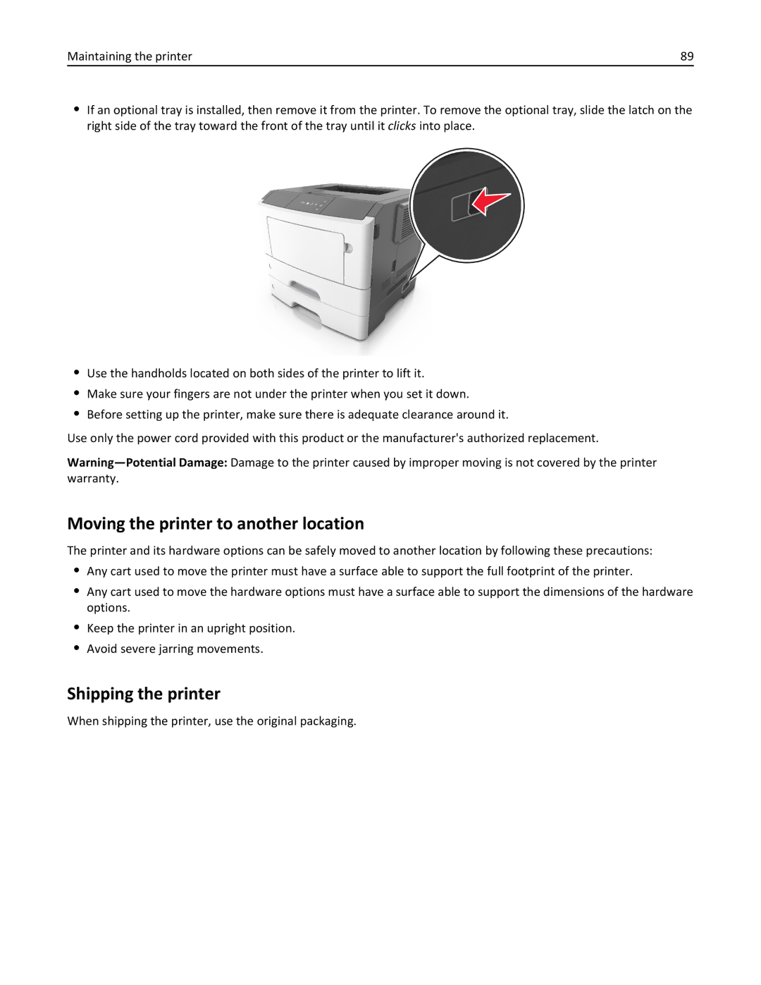 Lexmark MS310DN, 35ST101, 220 manual Moving the printer to another location, Shipping the printer 