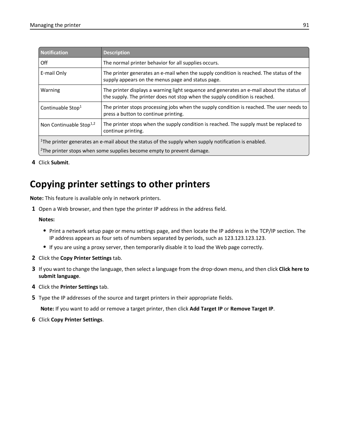 Lexmark 220, 35ST101, MS310DN manual Copying printer settings to other printers, Notification Description 