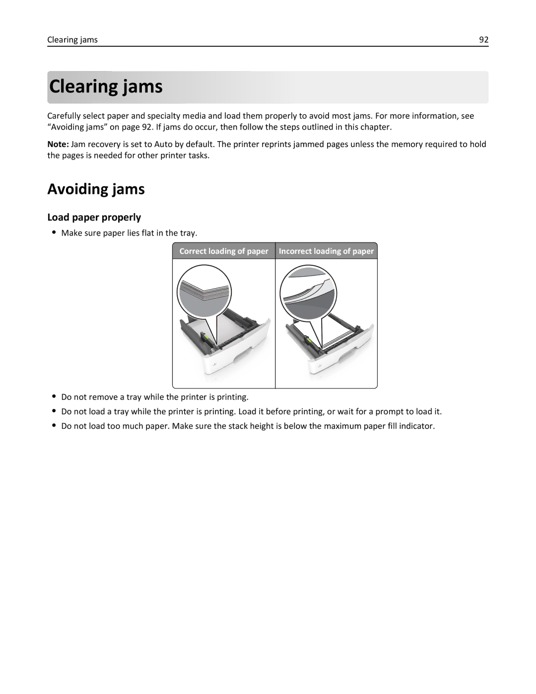 Lexmark 35ST101, MS310DN, 220 manual Clearing jams, Avoiding jams, Load paper properly, Make sure paper lies flat in the tray 