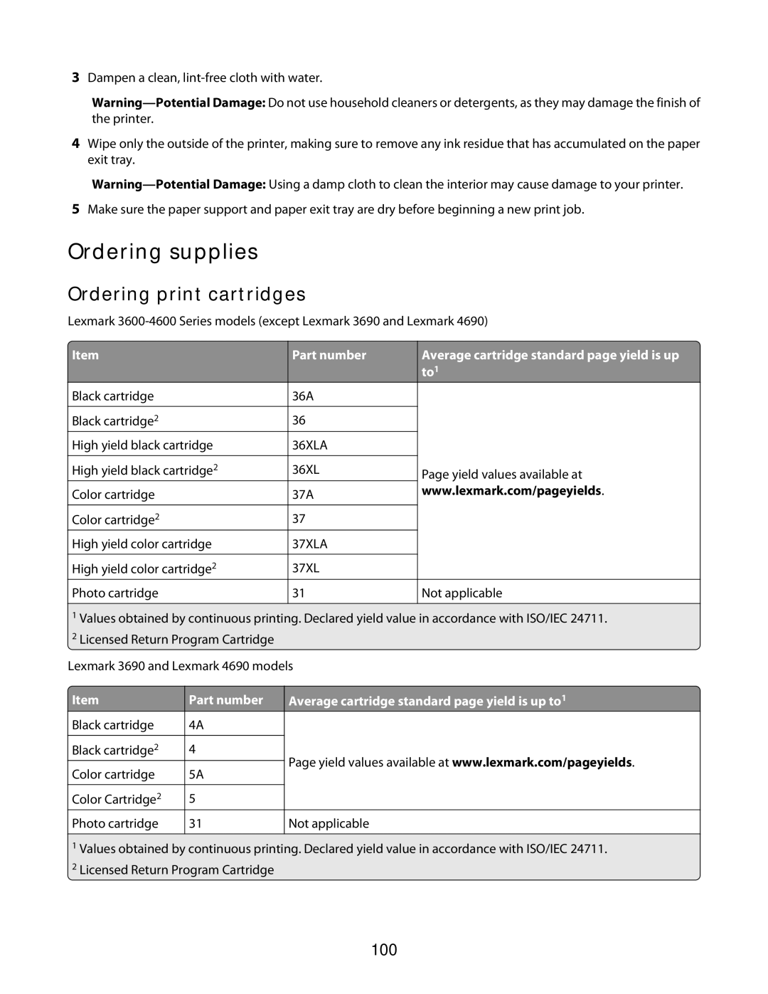 Lexmark 3600 Series manual Ordering supplies, Ordering print cartridges, 100 