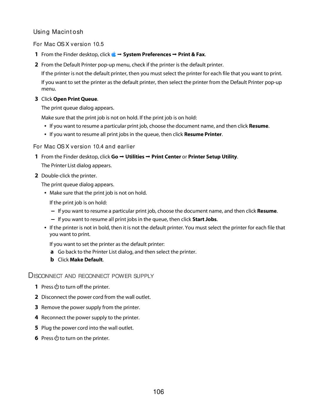 Lexmark 3600 Series 106, Using Macintosh, For Mac OS X version 10.4 and earlier, Disconnect and Reconnect Power Supply 