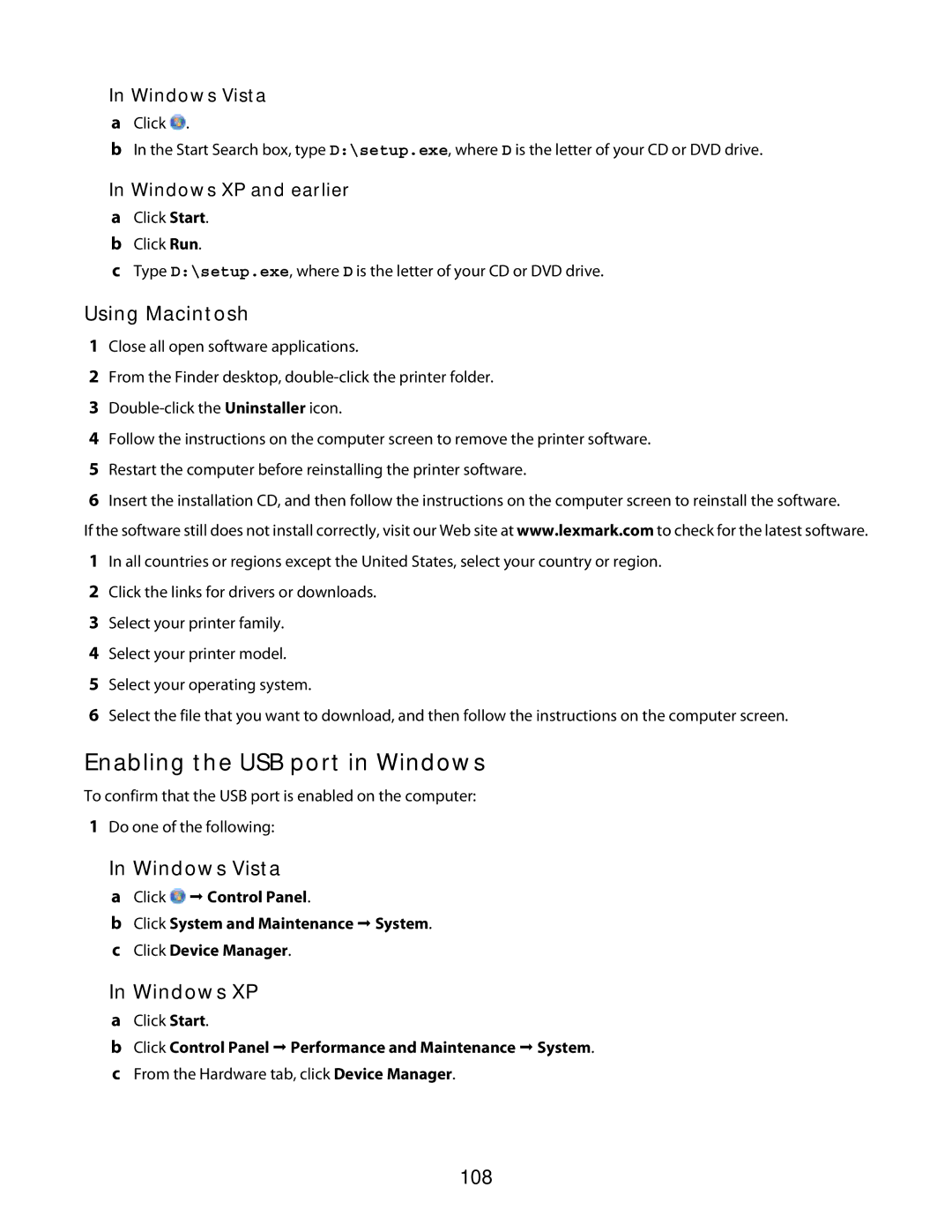 Lexmark 3600 Series manual Enabling the USB port in Windows, Windows XP, 108 