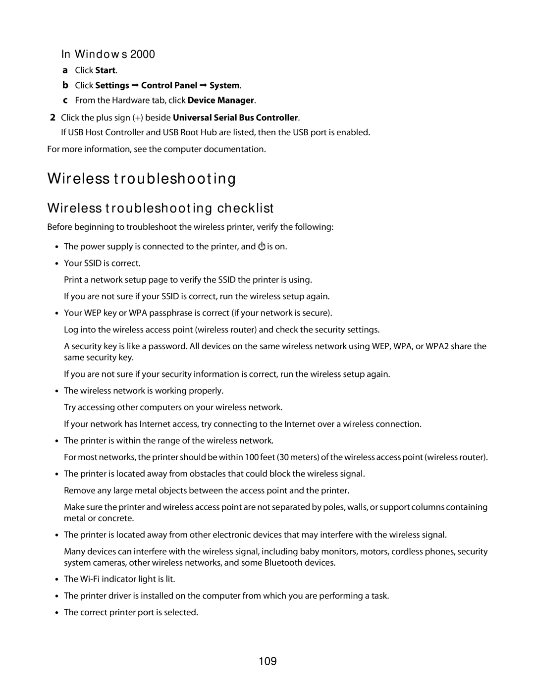 Lexmark 3600 Series manual Wireless troubleshooting checklist, Windows, 109, Click Settings Œ Control Panel Œ System 