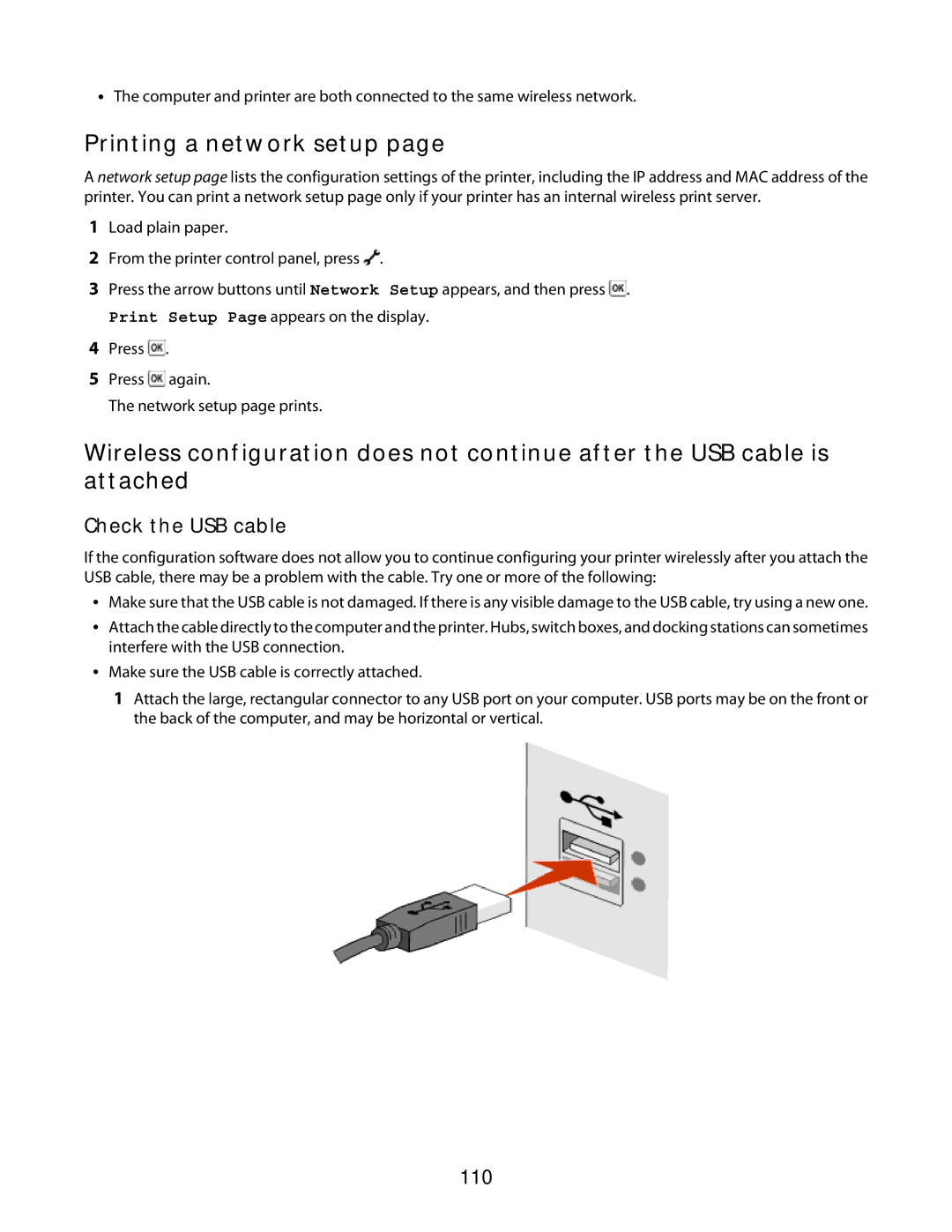 Lexmark 3600 Series manual Printing a network setup, Check the USB cable, 110 