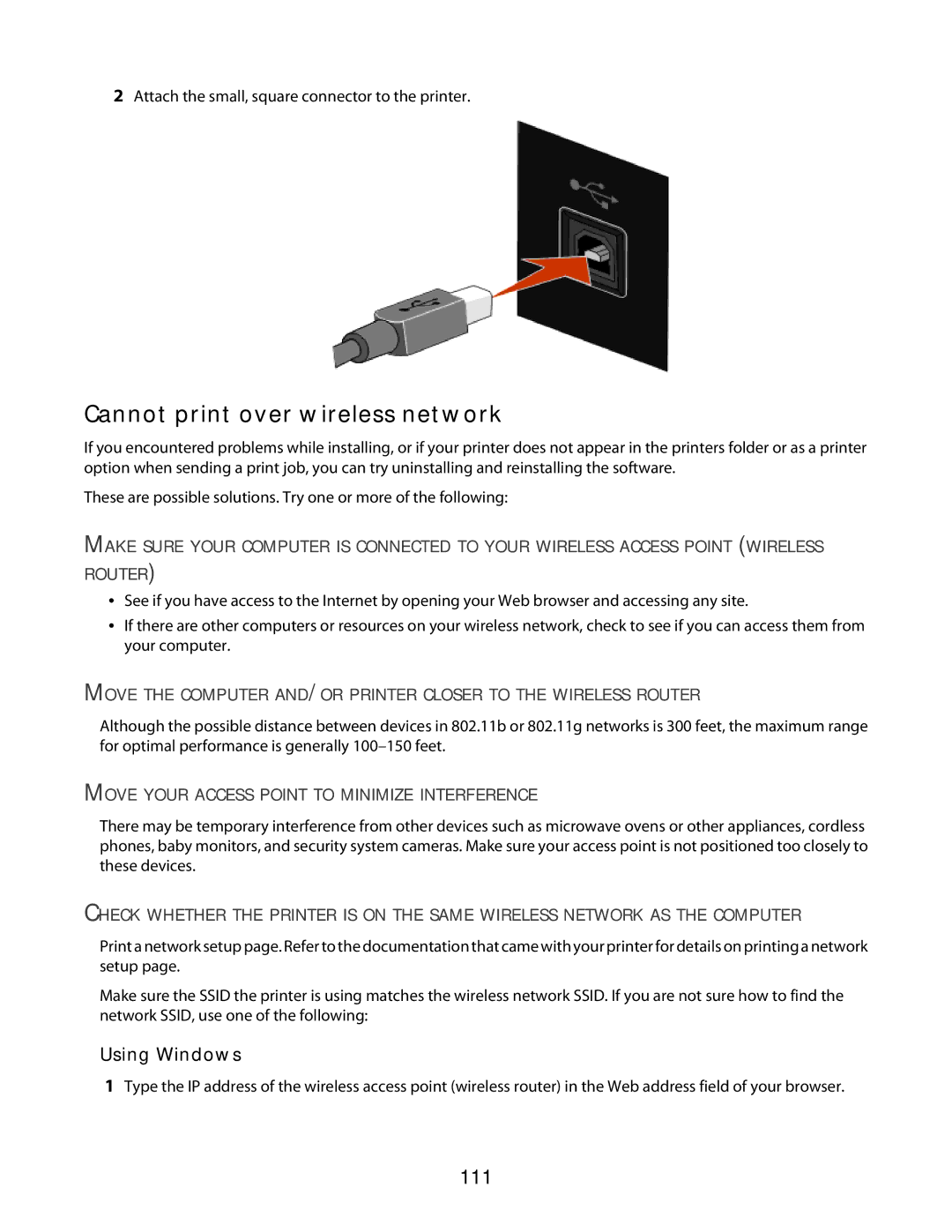 Lexmark 3600 Series manual Cannot print over wireless network, 111, Move Your Access Point to Minimize Interference 