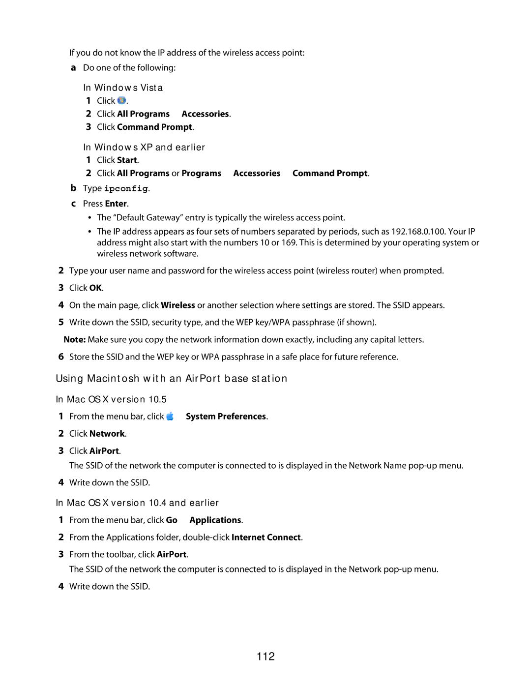 Lexmark 3600 Series manual 112, Using Macintosh with an AirPort base station, Windows Vista, Mac OS X version 