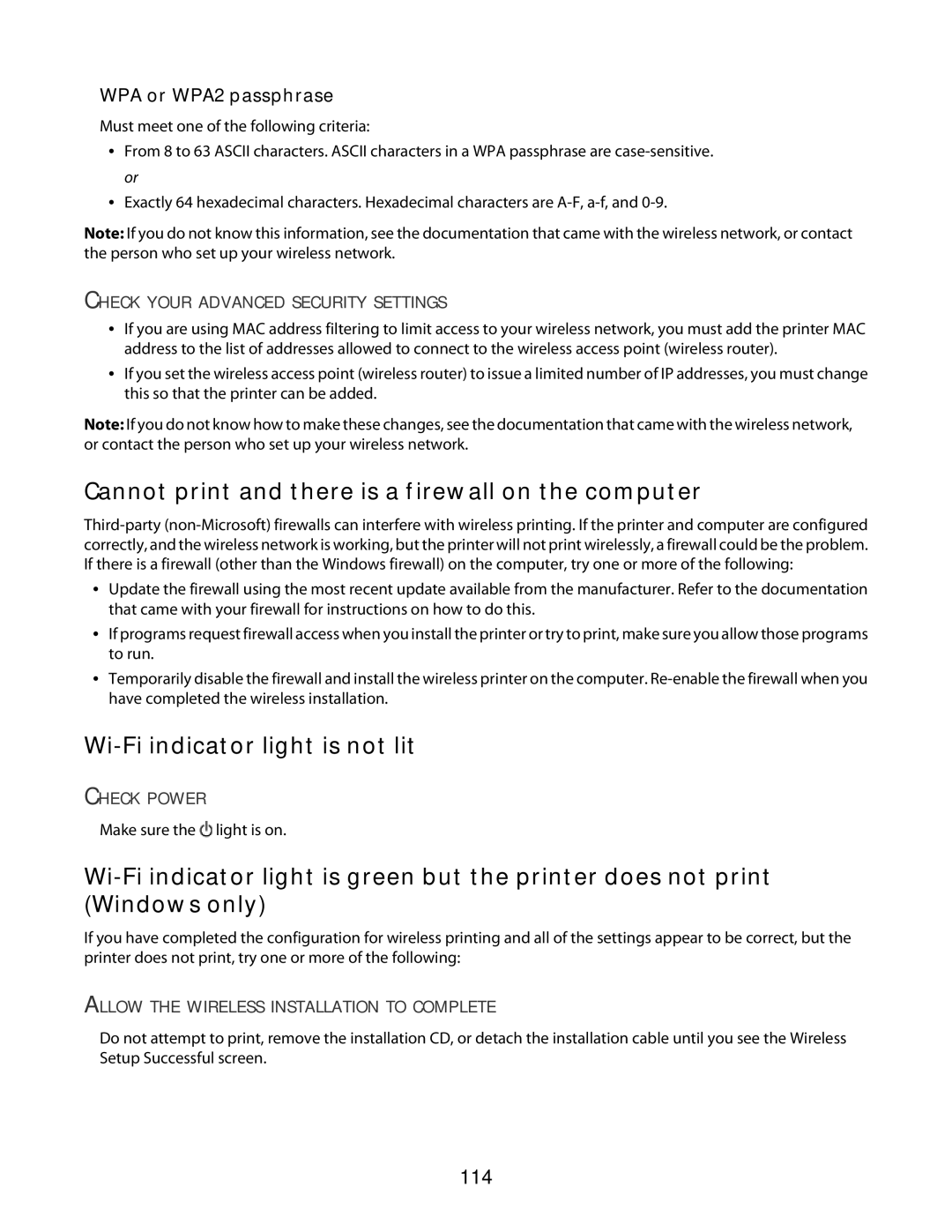 Lexmark 3600 Series manual Cannot print and there is a firewall on the computer, Wi-Fi indicator light is not lit, 114 